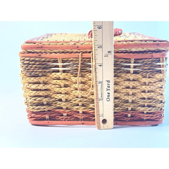 Woven Vintage Sewing Basket Pink Satin Lined Box w/ Wooden Dividers - Picture 10 of 11